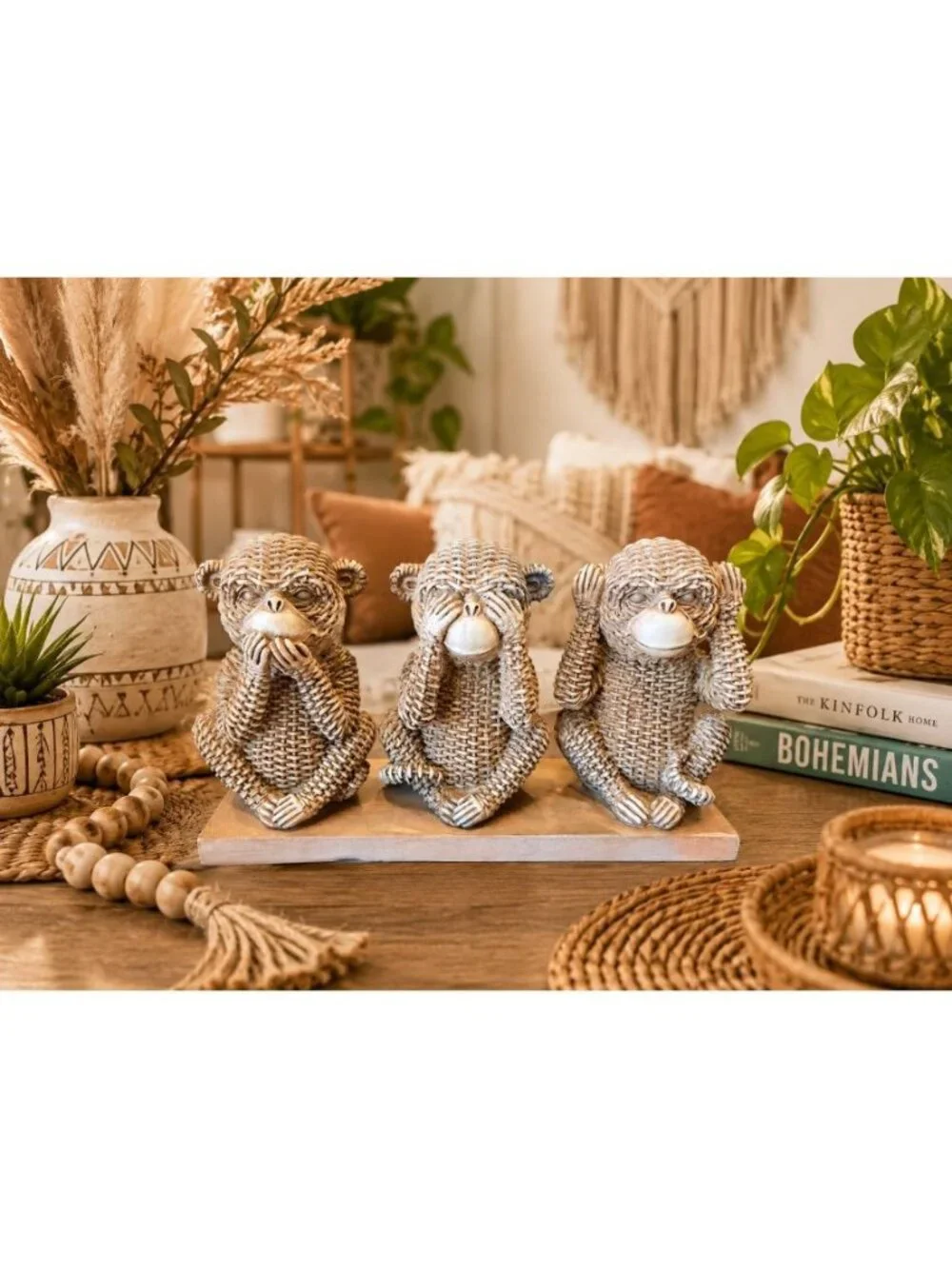 New BOHO Imitation Wicker Rattan 3 Monkeys Statue Home Decoration Figurie Statue
